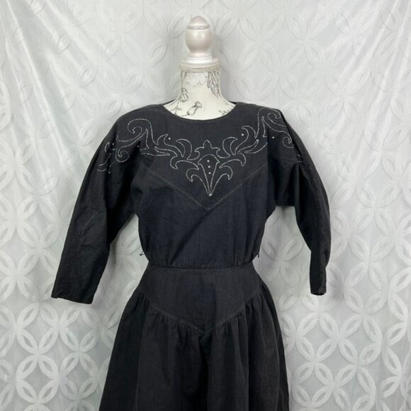 PG‎ Collections Western Style Black Denim Dress with White Embroidery Size 10 - Picture 7 of 14